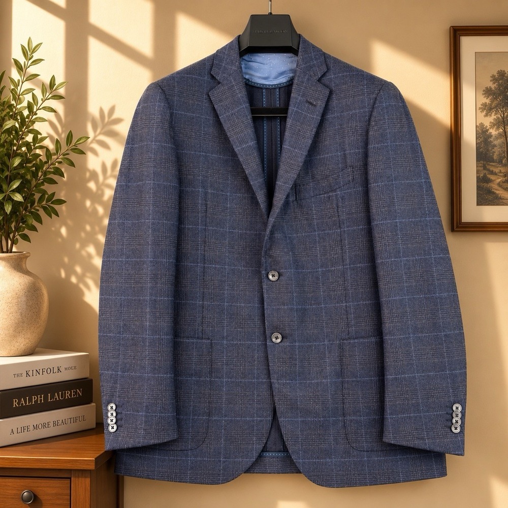 Corneliani Academy Blazer Mens 42R Blue Plaid Virgin Wool Italy Unstructured